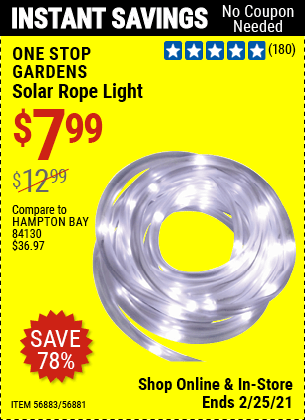 ONE STOP GARDENS Solar Rope Light for $7.99 – Harbor Freight Coupons