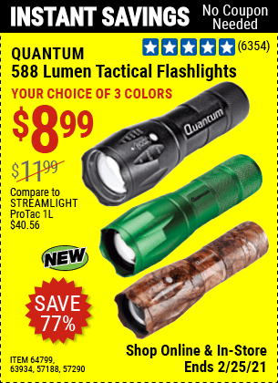 QUANTUM 588 Lumen Tactical Flashlight for $8.99 – Harbor Freight Coupons