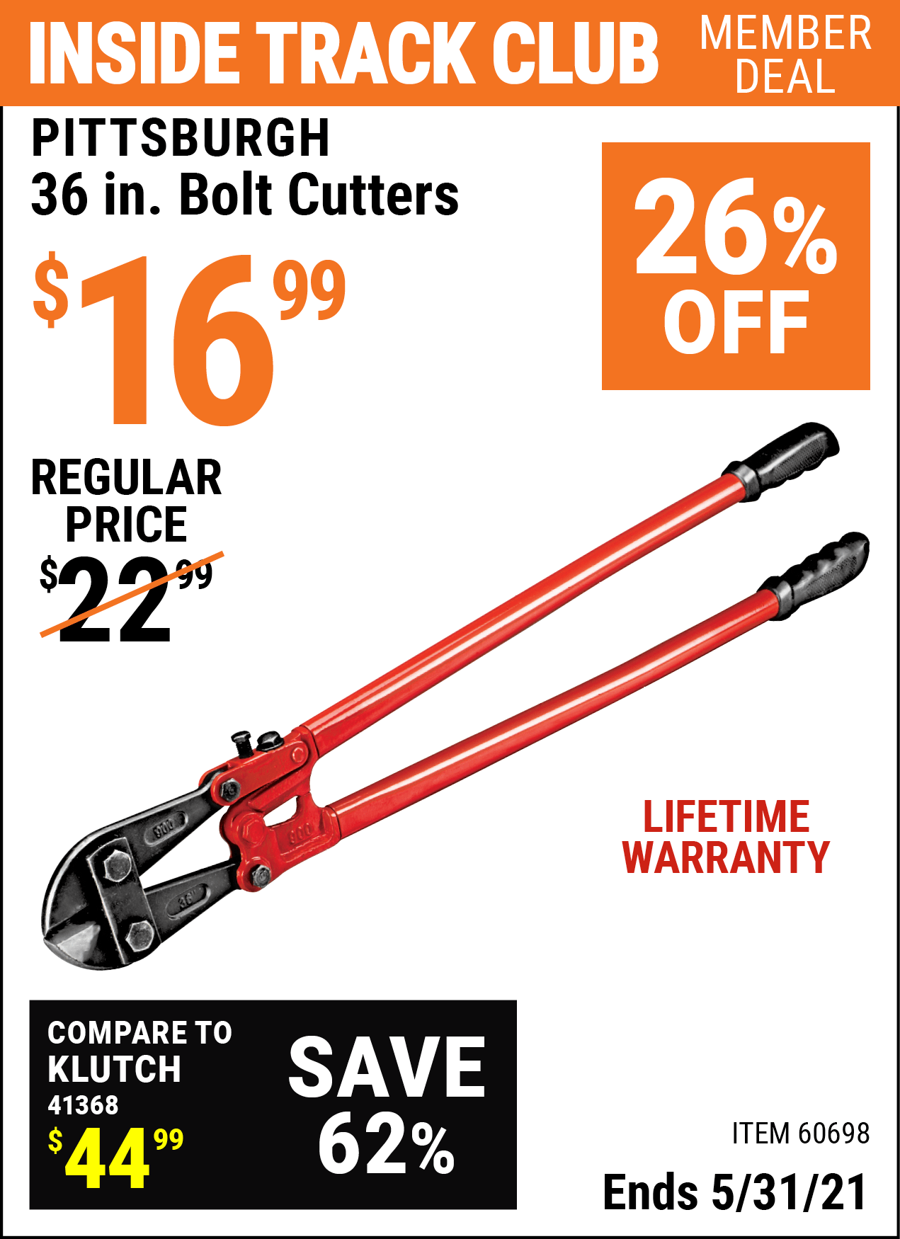 PITTSBURGH 36 in. Bolt Cutters for $16.99 – Harbor Freight Coupons