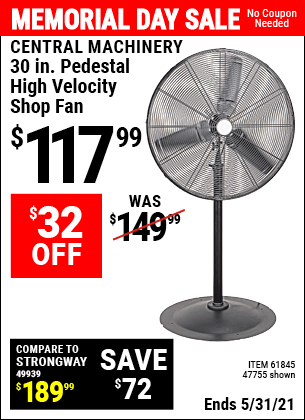 CENTRAL MACHINERY 30 In. Pedestal High Velocity Shop Fan for $117.99