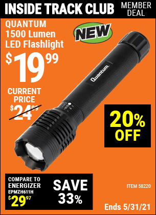 QUANTUM 1500 Lumen LED Flashlight for $19.99 – Harbor Freight Coupons