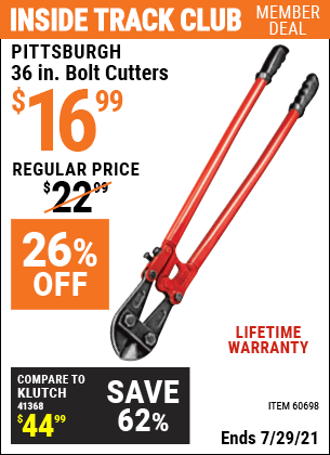 PITTSBURGH 36 in. Bolt Cutters for $16.99 – Harbor Freight Coupons