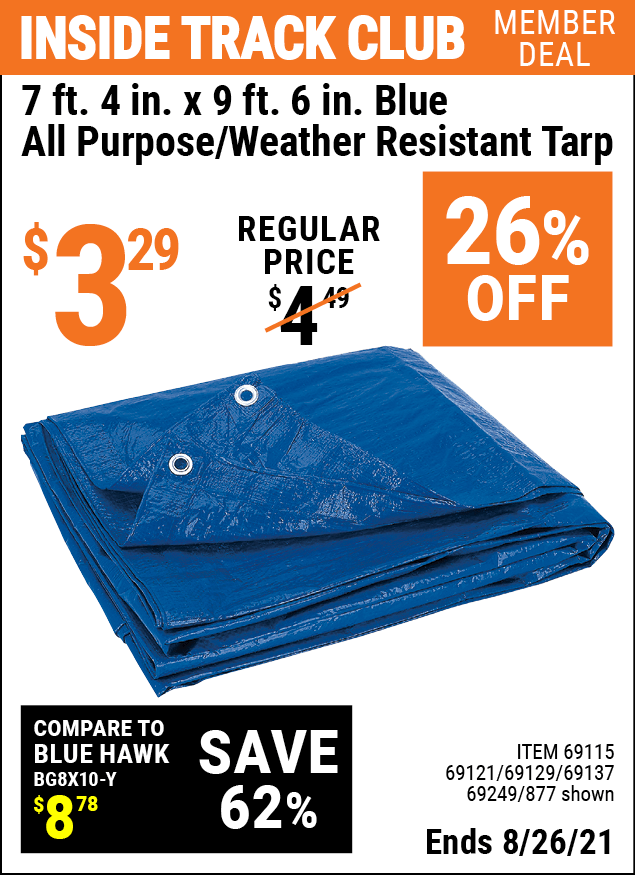 HFT 7 ft. 4 in. x 9 ft. 6 in. Blue All Purpose/Weather Resistant Tarp for 3.29 Harbor Freight