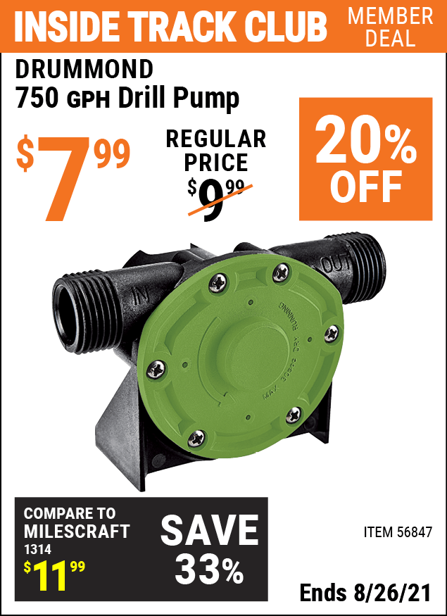 DRUMMOND 750 GPH Drill Pump for 7.99 Harbor Freight Coupons