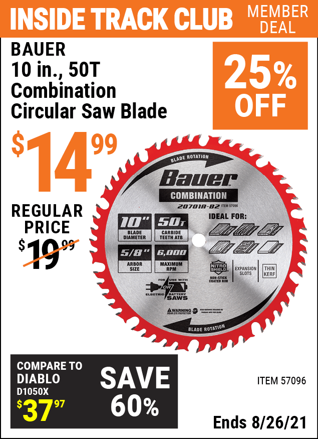 BAUER 10 In. 50T Combination Circular Saw Blade for 14.99 Harbor
