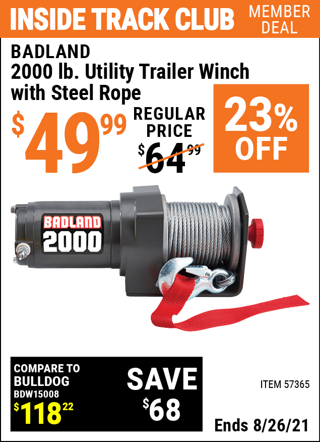 BADLAND 2000 Lb. Utility Trailer Winch for 49.99 Harbor Freight Coupons