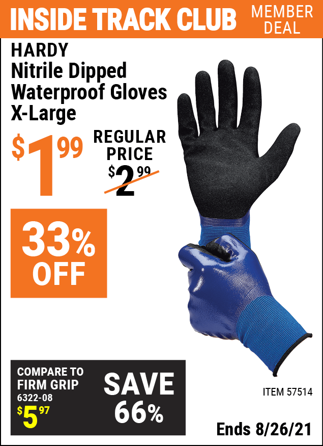 HARDY Nitrile Dipped Waterproof Gloves XLarge for 1.99 Harbor