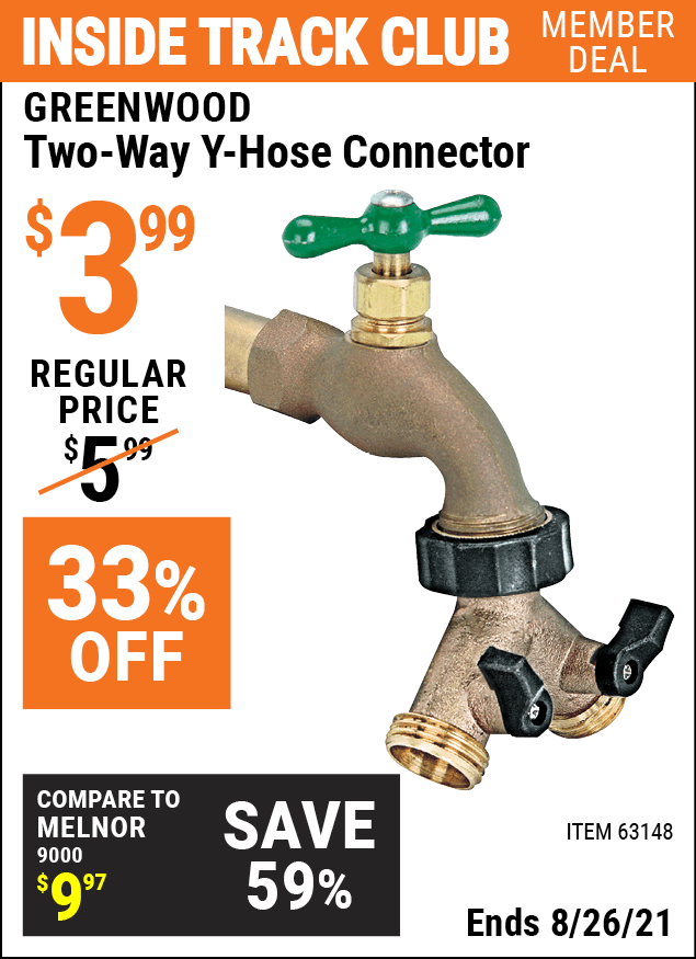 GREENWOOD TwoWay “Y” Hose Connector Item 63148 / 94376 Harbor