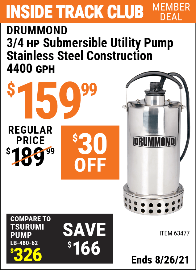 DRUMMOND 3/4 HP Submersible Utility Pump Stainless Steel Construction