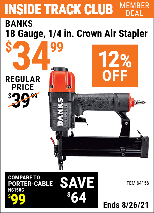 BANKS 18 Gauge 1/4 in. Crown Air Stapler Item 64156 Harbor Freight