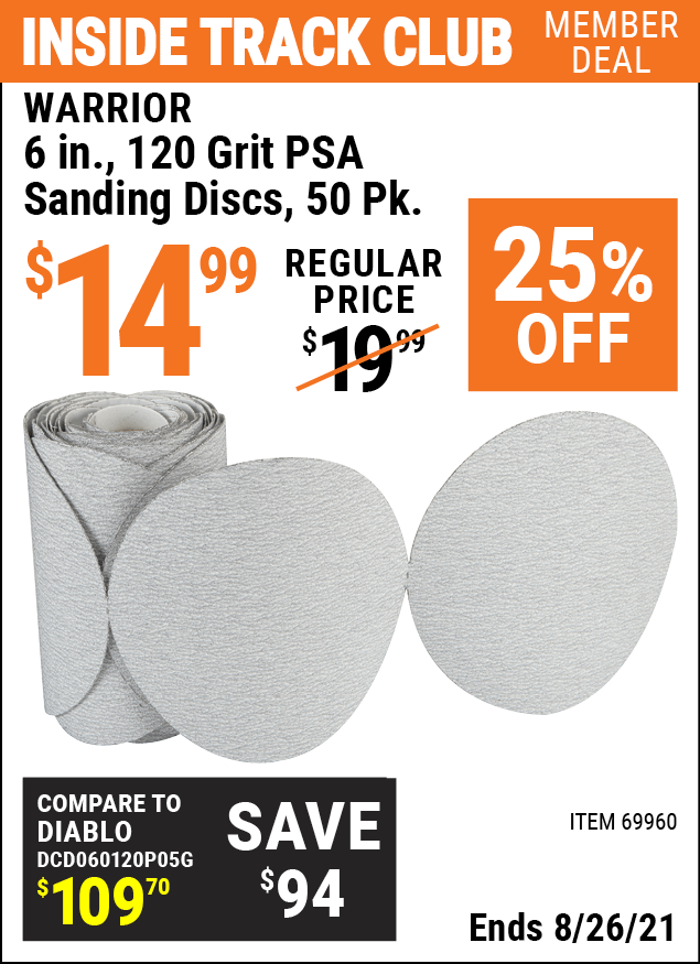 WARRIOR 6 in. 120 Grit PSA Sanding Discs 50 Pk. for 14.99 Harbor