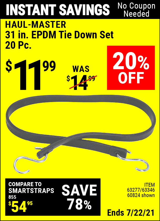 HAULMASTER 31 in. Heavy Duty EPDM Tie Down Set 20 Pc. for 11.99 Harbor Freight Coupons