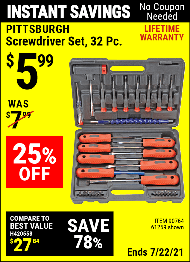 PITTSBURGH Screwdriver Set 32 Pc. for 5.99 Harbor Freight Coupons