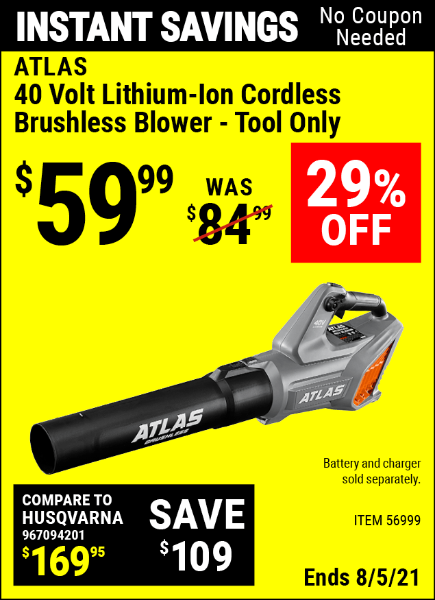 ATLAS 40v LithiumIon Cordless Brushless Blower Tool Only for 59.99