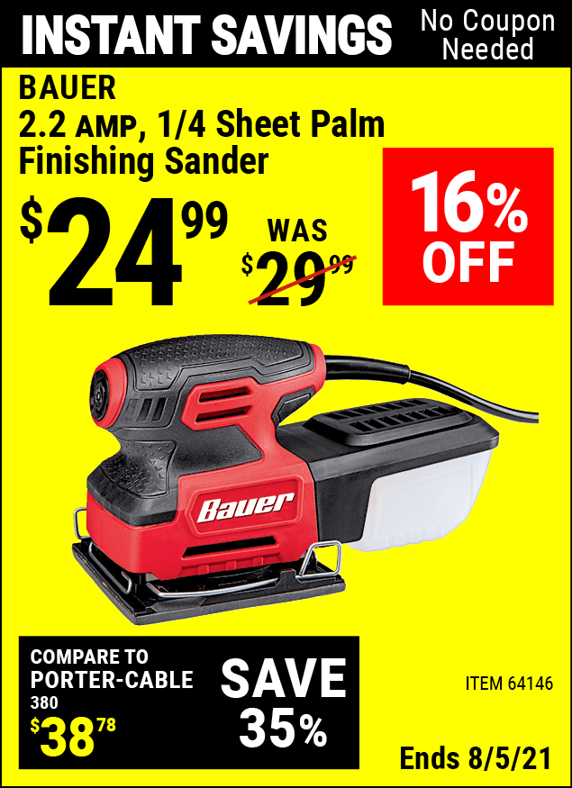 BAUER 2.2 Amp 1/4 Sheet Heavy Duty Palm Finishing Sander for 24.99