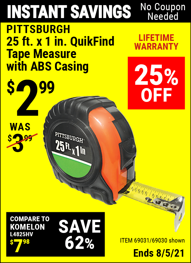 PITTSBURGH 25 ft. x 1 in. QuikFind Tape Measure with ABS Casing for 2.
