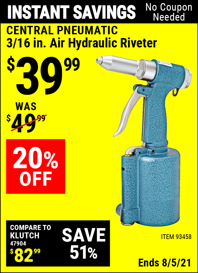 CENTRAL PNEUMATIC 3/16 in. Air Hydraulic Riveter for $39.99 – Harbor