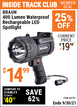 BRAUN 400 Lumen Waterproof Rechargeable LED Spotlight for $14.99