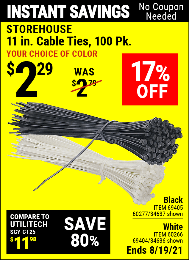 STOREHOUSE 11 in. Cable Ties 100 Pack for 2.29 Harbor Freight Coupons