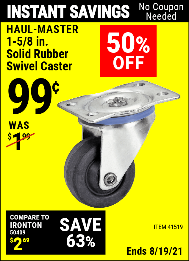 CENTRAL MACHINERY 15/8 in. Rubber Light Duty Swivel Caster for 0.99 Harbor Freight Coupons
