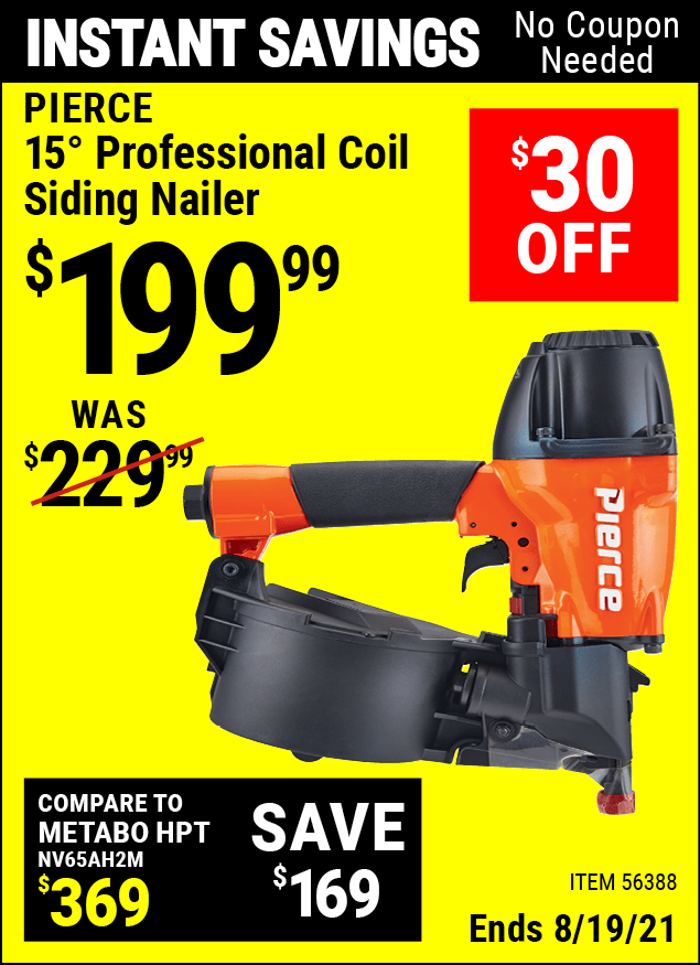 PIERCE 15° Professional Coil Siding Nailer for 199.99 Harbor Freight