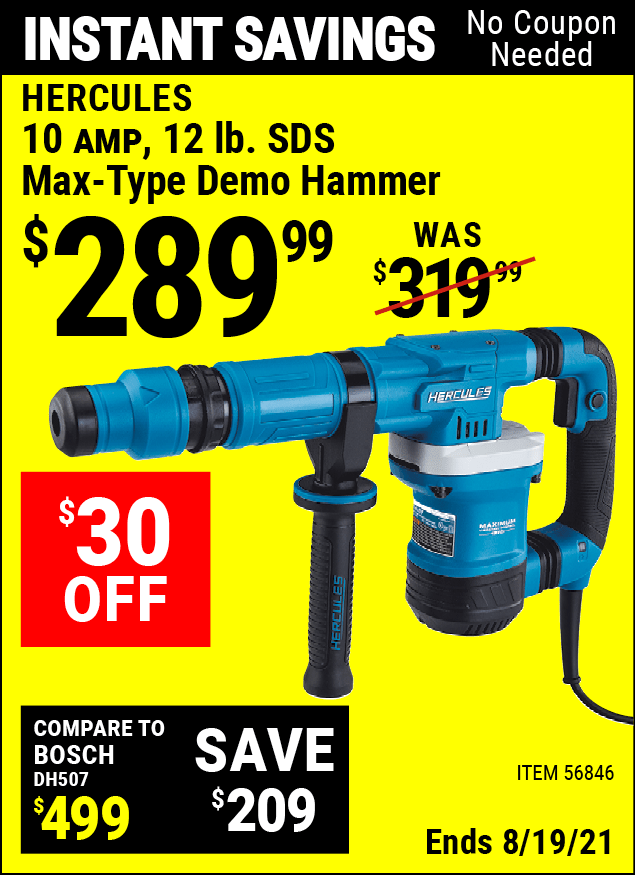 HERCULES 10 Amp 12 Lb. SDS Max-Type Demo Hammer for $289.99 – Harbor