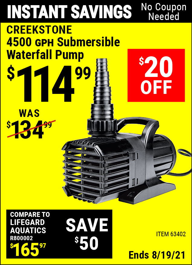 CREEKSTONE 4500 GPH Submersible Waterfall Pump Item 63402 Harbor Freight Coupons