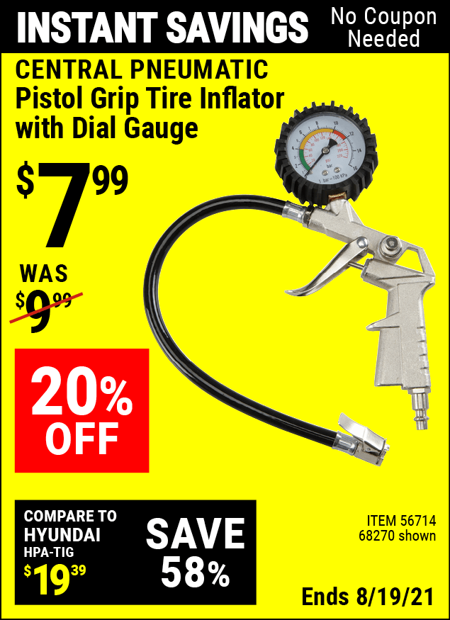CENTRAL PNEUMATIC Pistol Grip Tire Inflator with Dial Gauge for 7.99