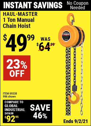 HAUL-MASTER 1 Ton Manual Chain Hoist for $49.99 – Harbor Freight Coupons