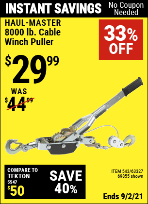 HAUL-MASTER 8000 Lbs. Cable Winch Puller for $29.99 – Harbor Freight