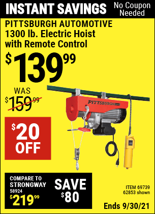 PITTSBURGH AUTOMOTIVE 1300 lb. Electric Hoist with Remote Control for