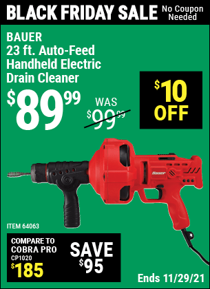 BAUER 23 Ft. Auto-Feed Handheld Electric Drain Cleaner for $89.99