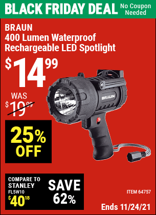 BRAUN 400 Lumen Waterproof Rechargeable LED Spotlight for $14.99