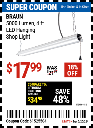 BRAUN 4 Ft. LED Hanging Shop Light for 17.99 Harbor