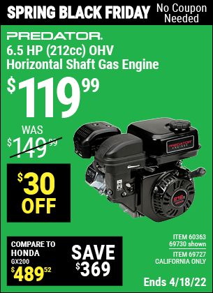 PREDATOR ENGINES 6.5 HP (212cc) OHV Horizontal Shaft Gas Engine for