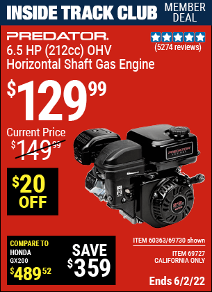 PREDATOR ENGINES 6.5 HP (212cc) OHV Horizontal Shaft Gas Engine for
