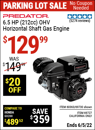 PREDATOR ENGINES 6.5 HP (212cc) OHV Horizontal Shaft Gas Engine for