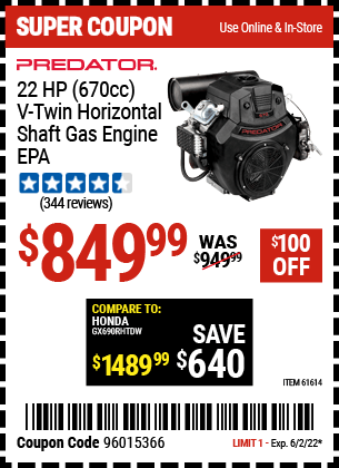 PREDATOR 22 HP (670cc) V-Twin Horizontal Shaft Gas Engine EPA for $849.
