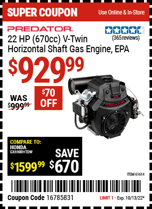PREDATOR 22 HP (670cc) V-Twin Horizontal Shaft Gas Engine for $929.99