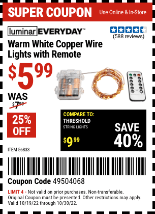 LUMINAR EVERYDAY Warm White Copper Wire Lights With Remote for $5.99