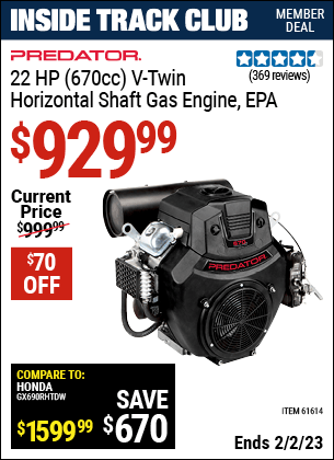 PREDATOR 22 HP (670cc) V-Twin Horizontal Shaft Gas Engine EPA for $929.