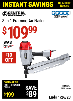 CENTRAL PNEUMATIC 3-in-1 Framing Air Nailer for $109.99 – Harbor