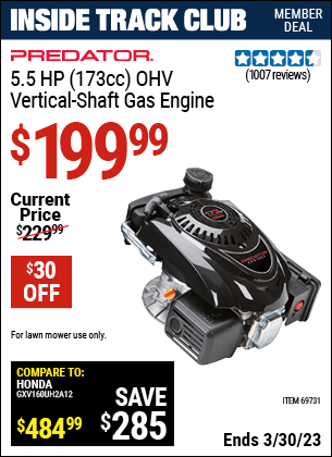 PREDATOR 5.5 HP (173cc) OHV Vertical Shaft Gas Engine EPA/CARB for $199