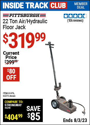 PITTSBURGH AUTOMOTIVE 22 ton Air/Hydraulic Floor Jack for $319.99