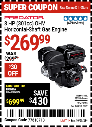 PREDATOR 8 HP (301cc) OHV Horizontal Shaft Gas Engine EPA for $269.99
