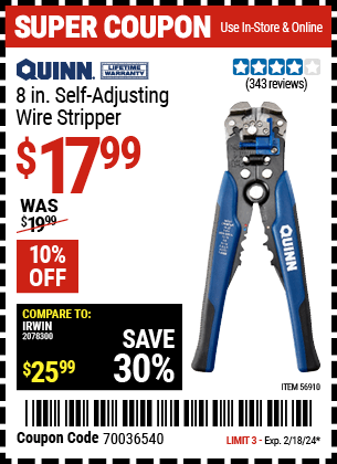 QUINN 8 In. Self Adjusting Wire Stripper for $17.99 – Harbor Freight