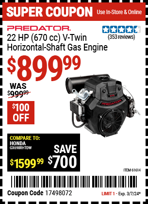 PREDATOR 22 HP (670cc) V-Twin Horizontal Shaft Gas Engine EPA for $899.