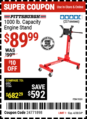 PITTSBURGH 1000 lb. Capacity Engine Stand for $89.99 – Harbor Freight