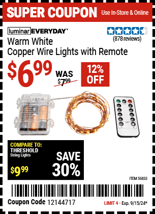 LUMINAR EVERYDAY Warm White Copper Wire Lights With Remote for $6.99