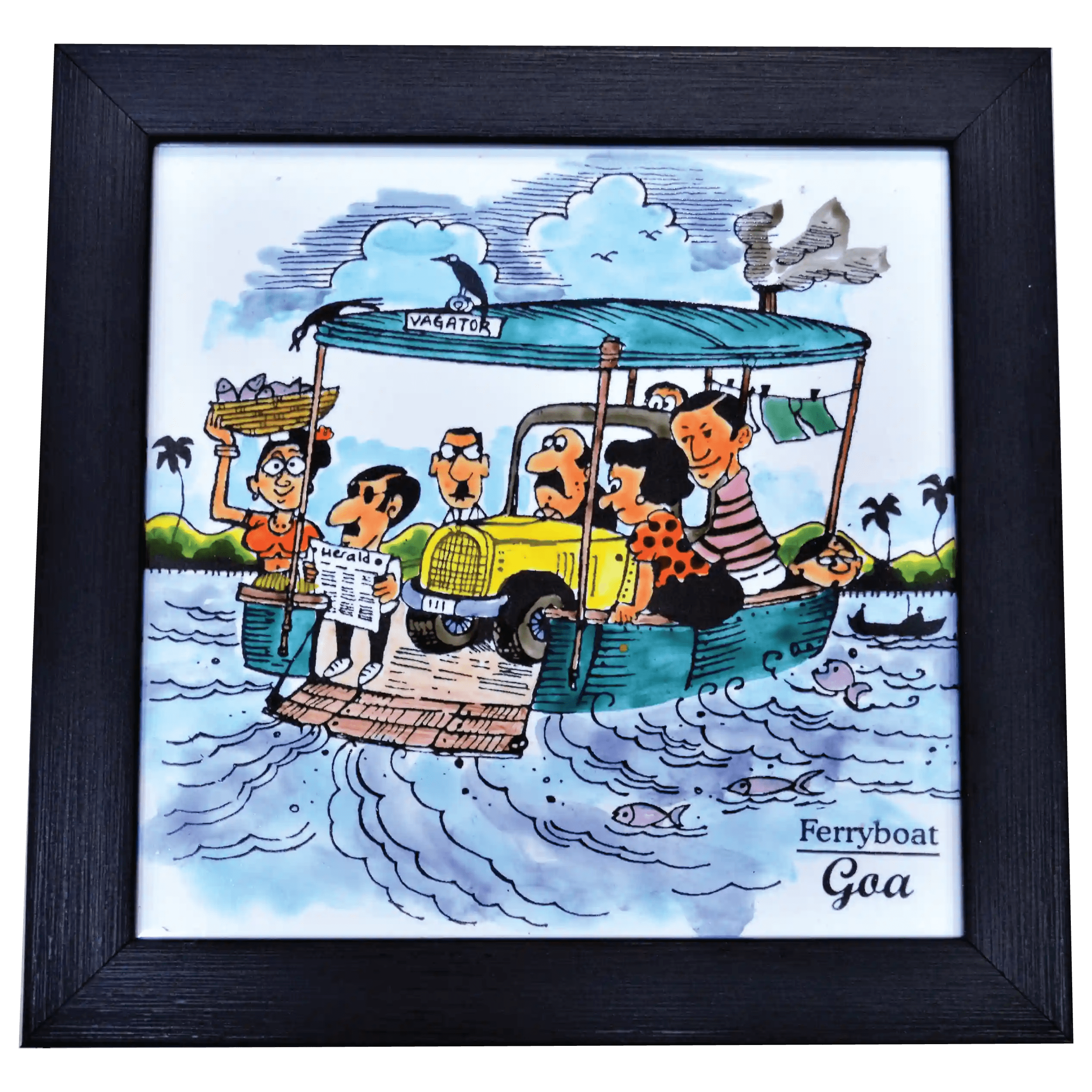 Goa2Gulf Azulejos Hand Painted Baked Tile with Frame in Color Ferry